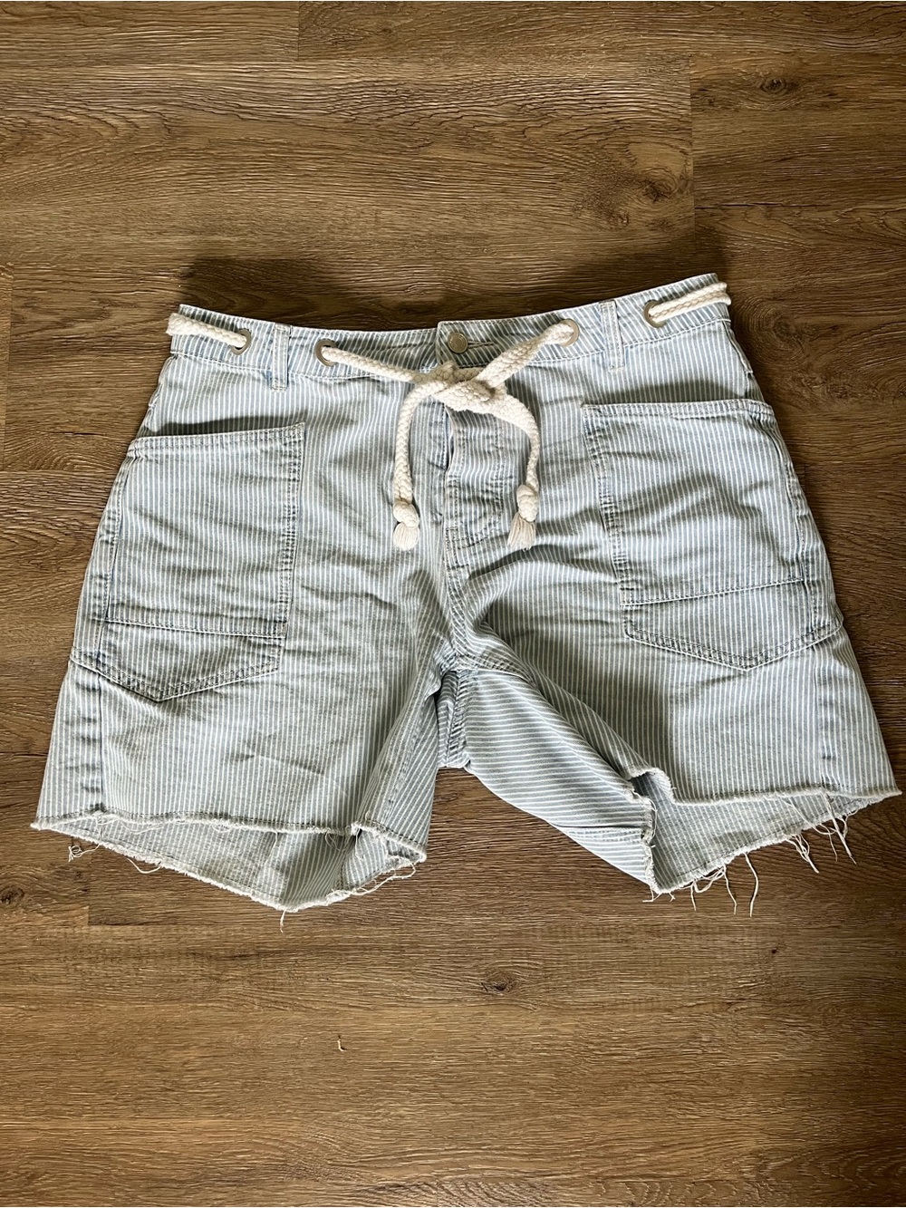 Light Blue Striped Women’s Casual Shorts with Rope Drawstring